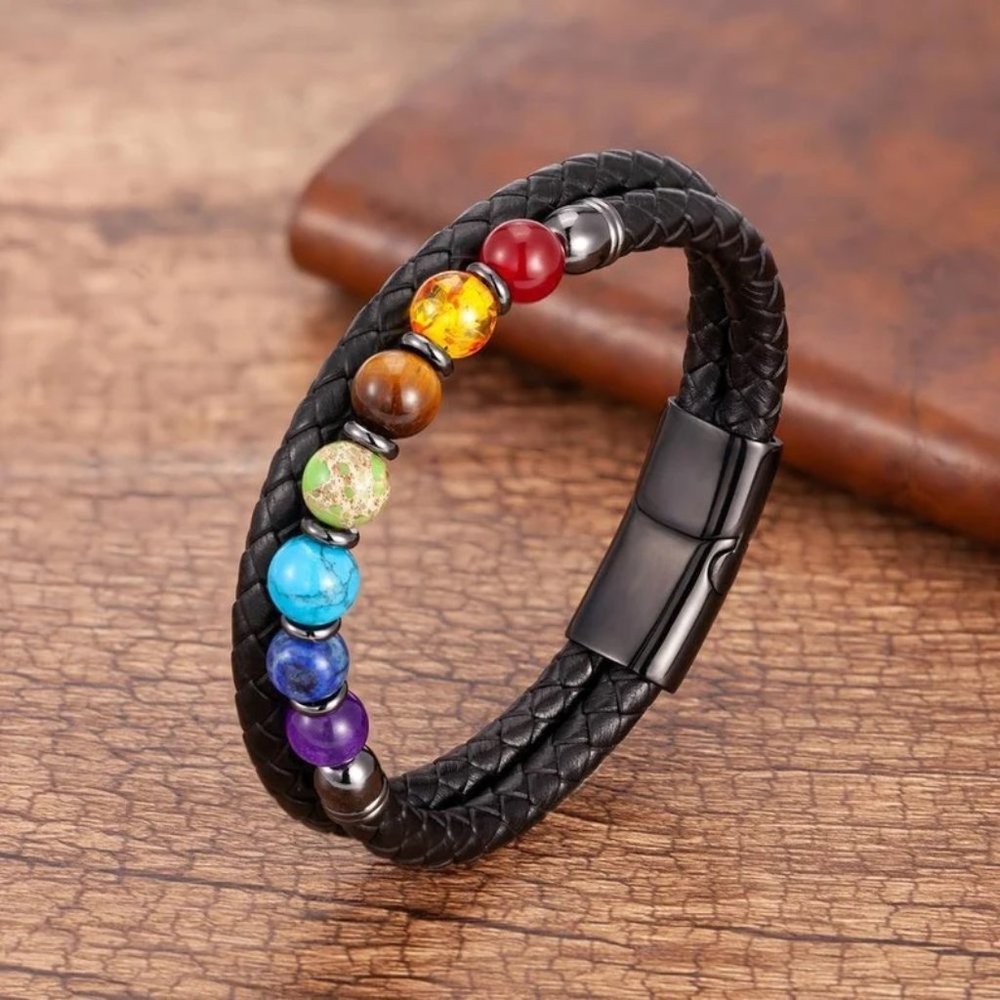Natural Stone Men's Leather Braided Bracelet Bangle Magnetic Clasp